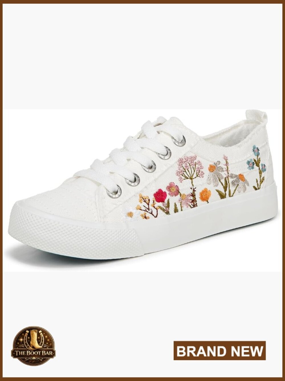 Canvas Lace-up Sneakers with Floral Embroidery - Size 8